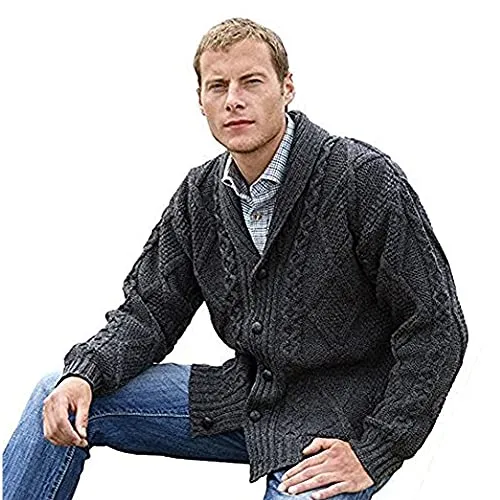 100% Irish Merino Wool Aran Button Cardigan – Fast delivery from Ireland (Small, Charcoal)