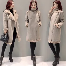 2017 Winter Women Faux Lambs Wool Outerwear Female Long Thick Warm Shearling Coats Zipper Faux Suede Leather Jackets H162