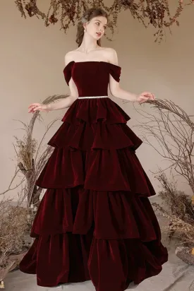 A Line Off Shoulder Velvet Burgundy Long Prom Dress, Burgundy Long Formal Dress KPP2018