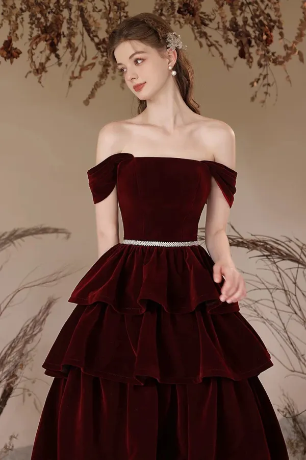 A Line Off Shoulder Velvet Burgundy Long Prom Dress, Burgundy Long Formal Dress KPP2018
