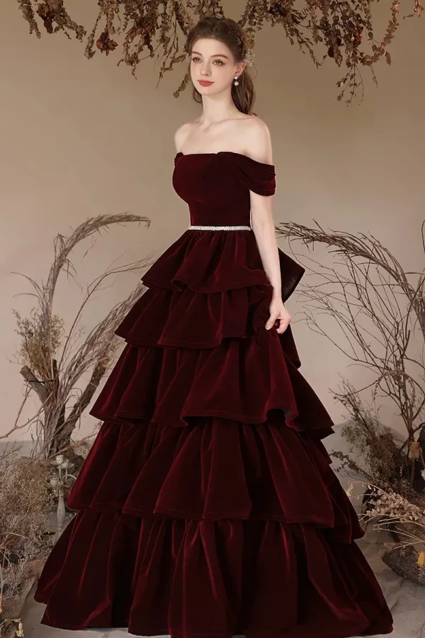A Line Off Shoulder Velvet Burgundy Long Prom Dress, Burgundy Long Formal Dress KPP2018