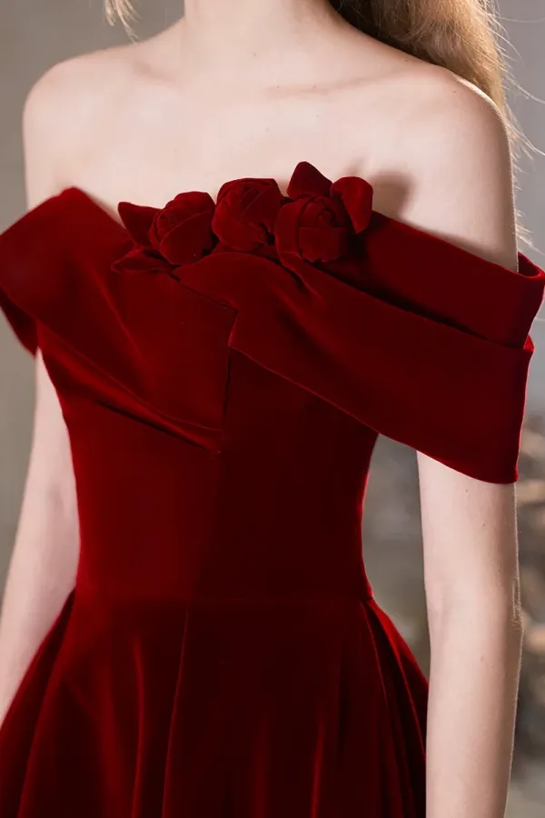 A Line Off Shoulder Velvet Burgundy Long Prom Dress, Burgundy Long Formal Dress KPP2055