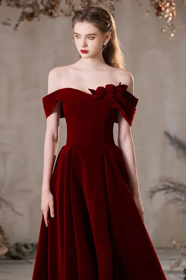 A Line Off Shoulder Velvet Burgundy Long Prom Dress, Burgundy Long Formal Dress KPP2055