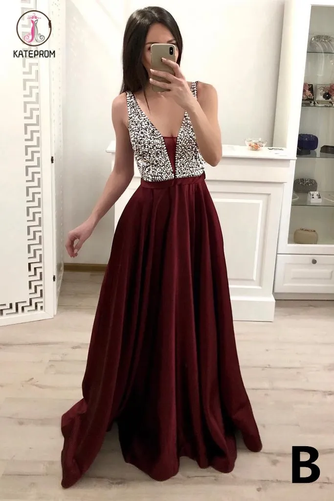 A Line Satin Prom Dress with Beading Sequins, Sparkly V Neck Evening Dresses KPP0768