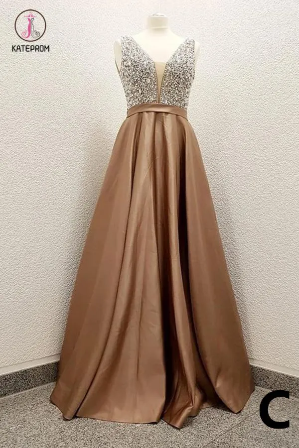 A Line Satin Prom Dress with Beading Sequins, Sparkly V Neck Evening Dresses KPP0768