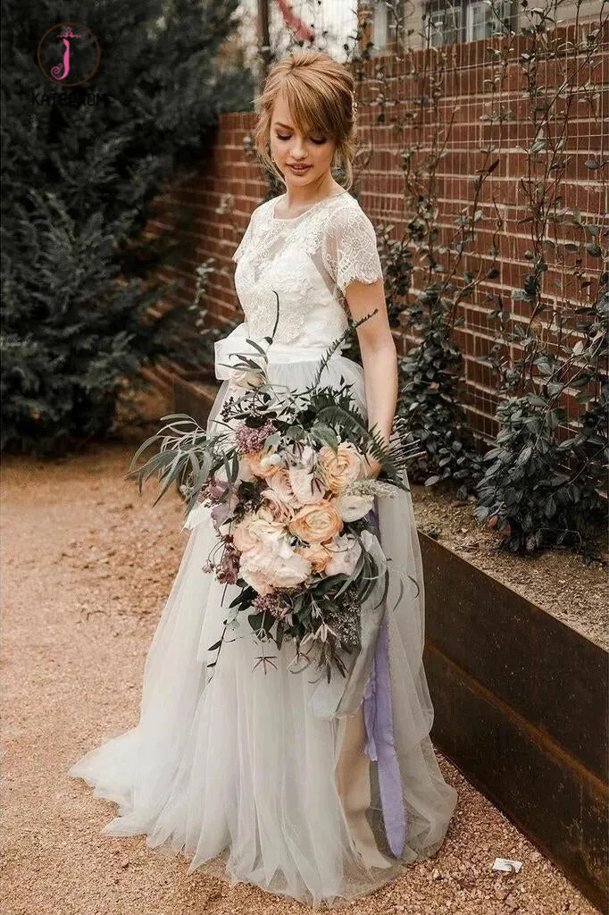 A Line Short Sleeve Lace and Tulle Silver Country Wedding Dresses with Sash KPW0444