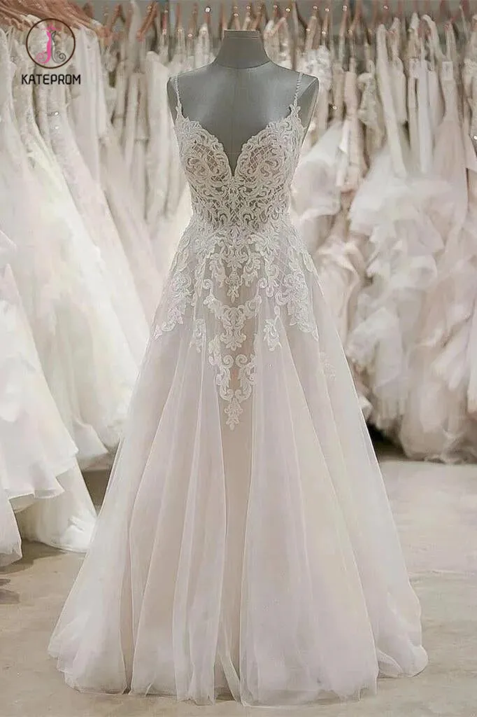 A Line Spaghetti Straps V Neck Beach Wedding Dresses Appliqued Tulle Bridal Dresses KPW0416