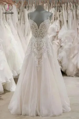 A Line Spaghetti Straps V Neck Beach Wedding Dresses Appliqued Tulle Bridal Dresses KPW0416