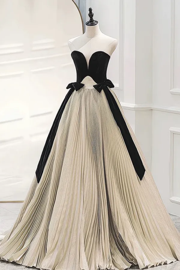 A Line Sweetheart Neck Satin Velvet Champagne Long Prom Dress, Champagne Long Evening Dress KPP1891