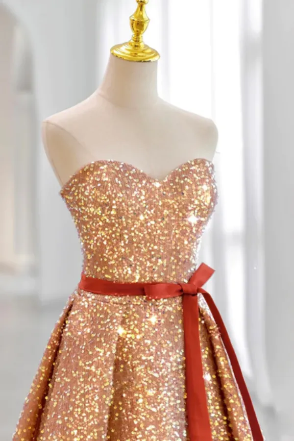 A Line Sweetheart Neck Velvet Sequin Champagne Gold Long Prom Dress KPP1808