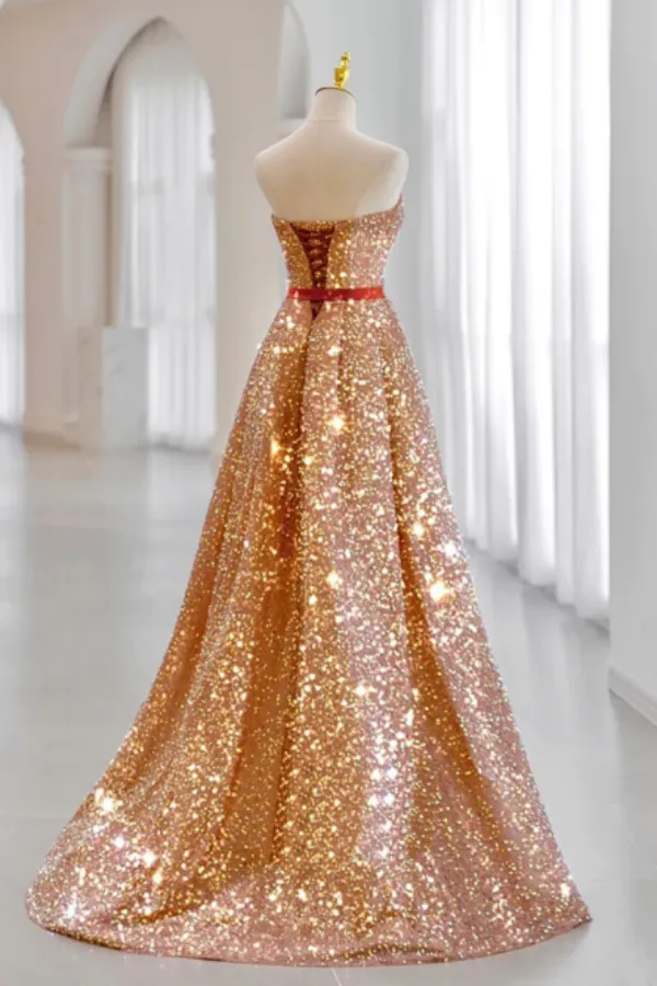 A Line Sweetheart Neck Velvet Sequin Champagne Gold Long Prom Dress KPP1808