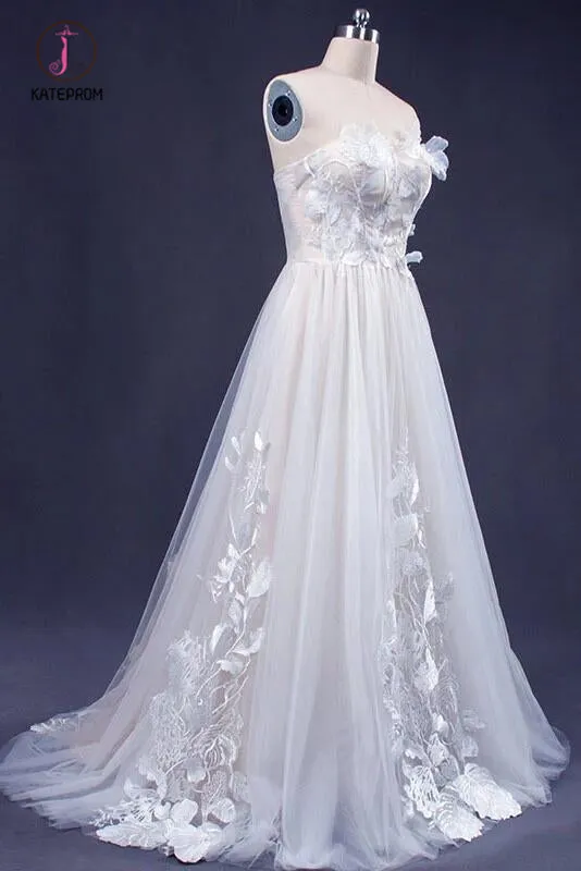 A Line Sweetheart Tulle Appliqued Wedding Dress, Strapless Tulle Bridal Dresses KPW0491