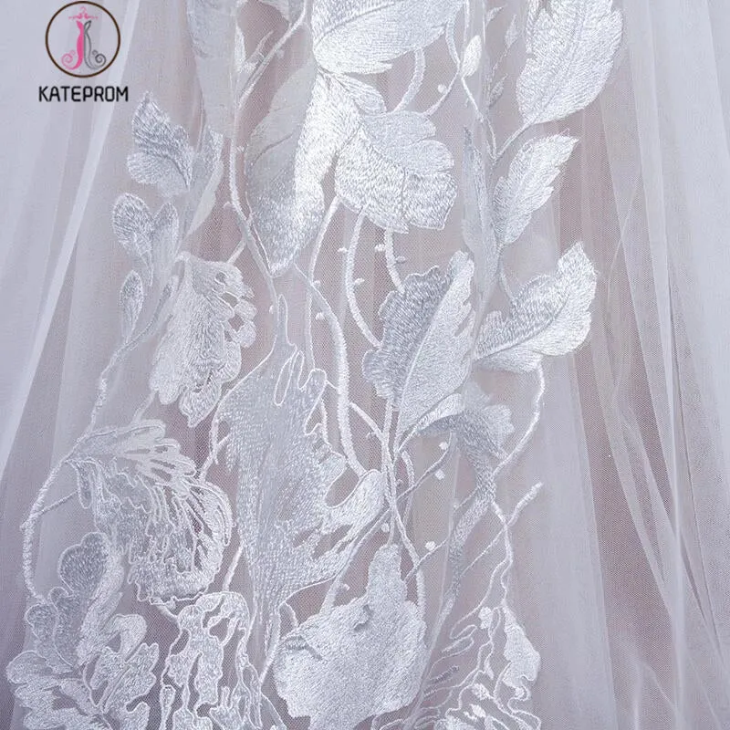 A Line Sweetheart Tulle Appliqued Wedding Dress, Strapless Tulle Bridal Dresses KPW0491