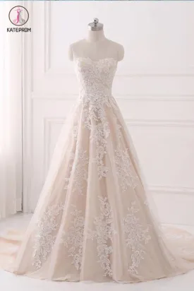A Line Sweetheart Tulle Wedding Dress with Appliques,Strapless Prom Dresses KPP0463