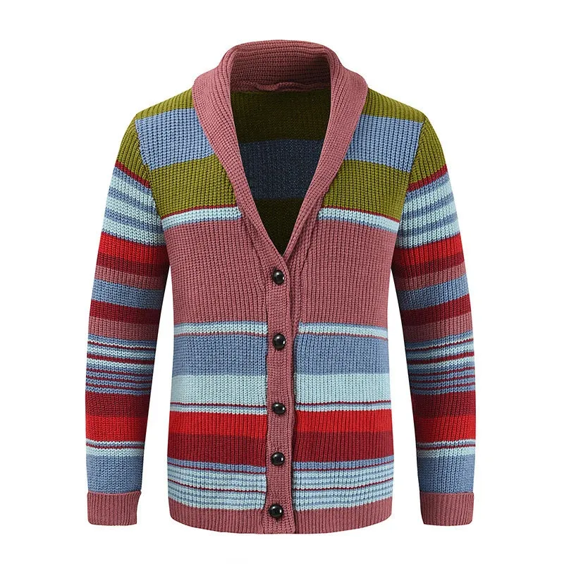 Aidase Trendy Mens Knitted Cardigans 2025 Spring Casual Button-up Lapel Sweatercoats Men Vintage Rainbow Striped Sweater Jacket Coats
