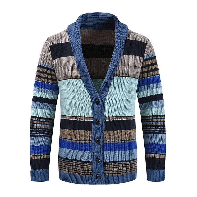 Aidase Trendy Mens Knitted Cardigans 2025 Spring Casual Button-up Lapel Sweatercoats Men Vintage Rainbow Striped Sweater Jacket Coats