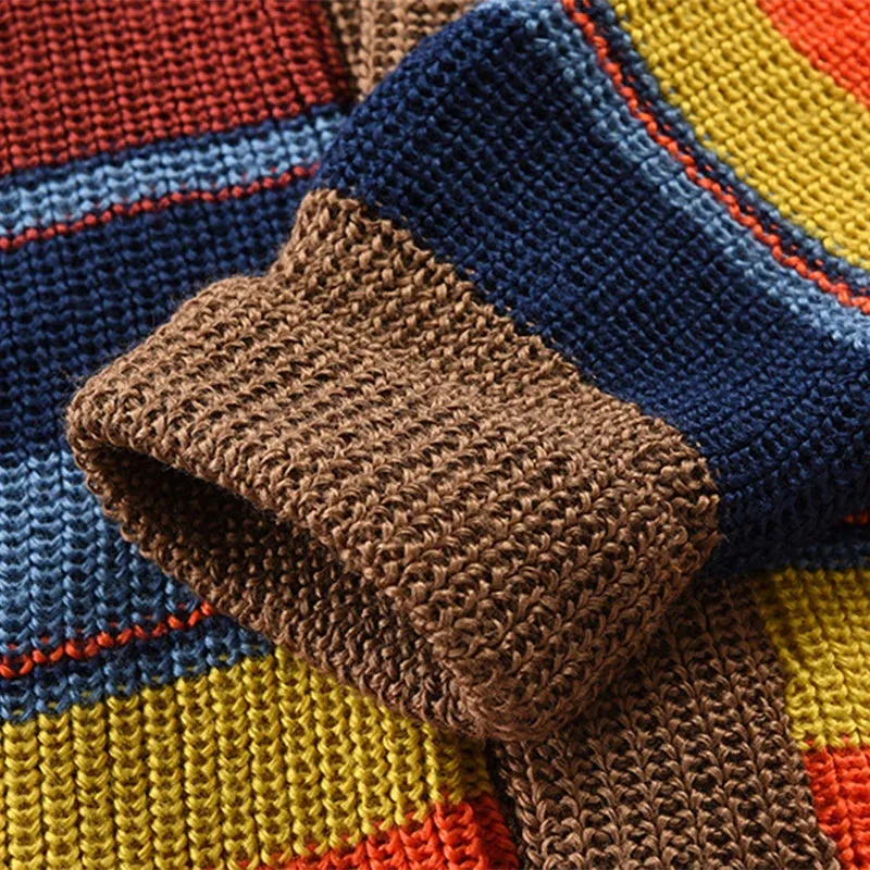 Aidase Trendy Mens Knitted Cardigans 2025 Spring Casual Button-up Lapel Sweatercoats Men Vintage Rainbow Striped Sweater Jacket Coats