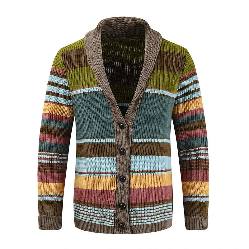 Aidase Trendy Mens Knitted Cardigans 2025 Spring Casual Button-up Lapel Sweatercoats Men Vintage Rainbow Striped Sweater Jacket Coats