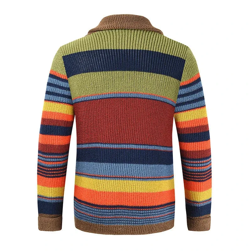 Aidase Trendy Mens Knitted Cardigans 2025 Spring Casual Button-up Lapel Sweatercoats Men Vintage Rainbow Striped Sweater Jacket Coats