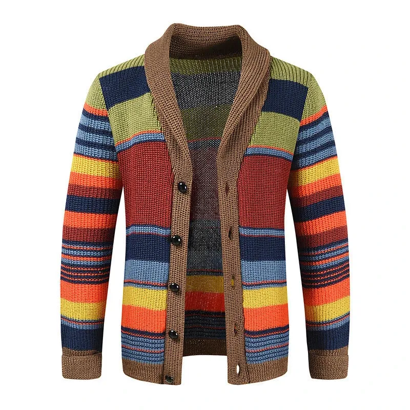 Aidase Trendy Mens Knitted Cardigans 2025 Spring Casual Button-up Lapel Sweatercoats Men Vintage Rainbow Striped Sweater Jacket Coats