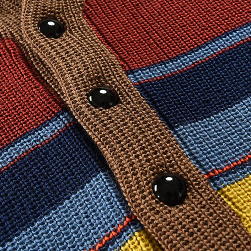 Aidase Trendy Mens Knitted Cardigans 2025 Spring Casual Button-up Lapel Sweatercoats Men Vintage Rainbow Striped Sweater Jacket Coats
