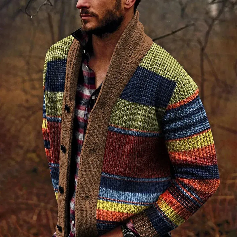 Aidase Trendy Mens Knitted Cardigans 2025 Spring Casual Button-up Lapel Sweatercoats Men Vintage Rainbow Striped Sweater Jacket Coats