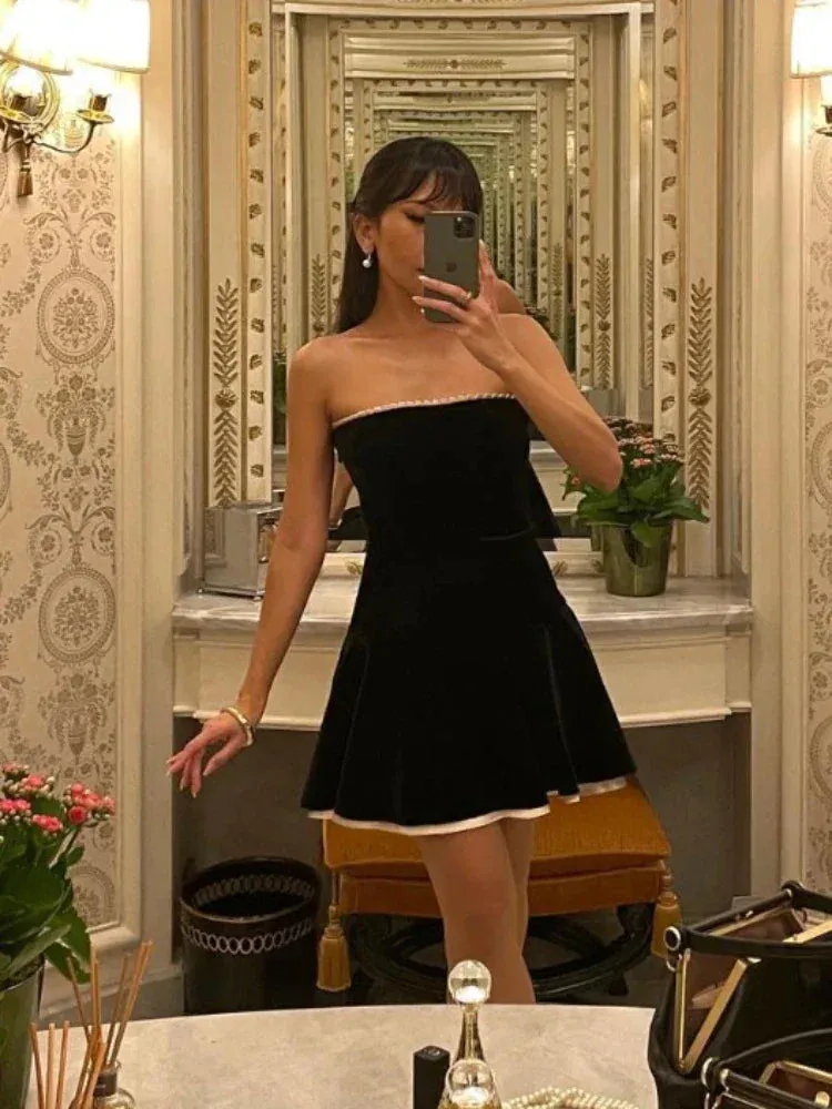 Amozae-hoco dresses Suninheart Black Strapless Christmas Dress Sexy A Line Vintage Velvet Party Dresses Mini Elegant and Beautiful Womens Dresses