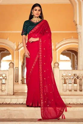 Beautiful Red Chinon Thread With Sequins Work Saree