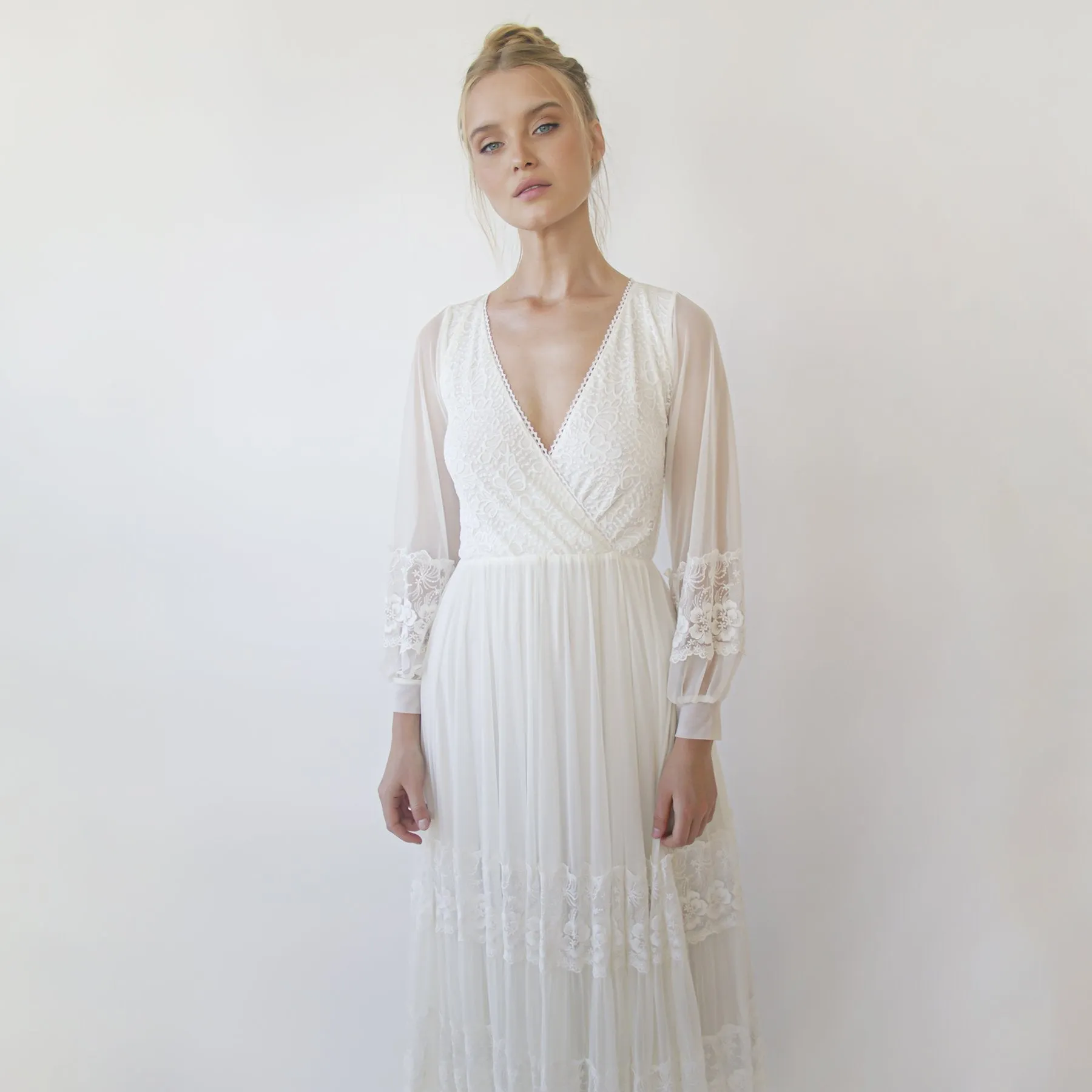 Bestseller Ivory Wrap Lace Wedding Dress With Chiffon Mesh Sleeves #1352