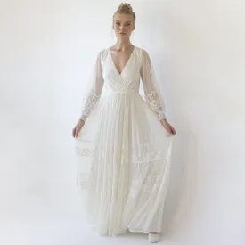 Bestseller Ivory Wrap Lace Wedding Dress With Chiffon Mesh Sleeves #1352