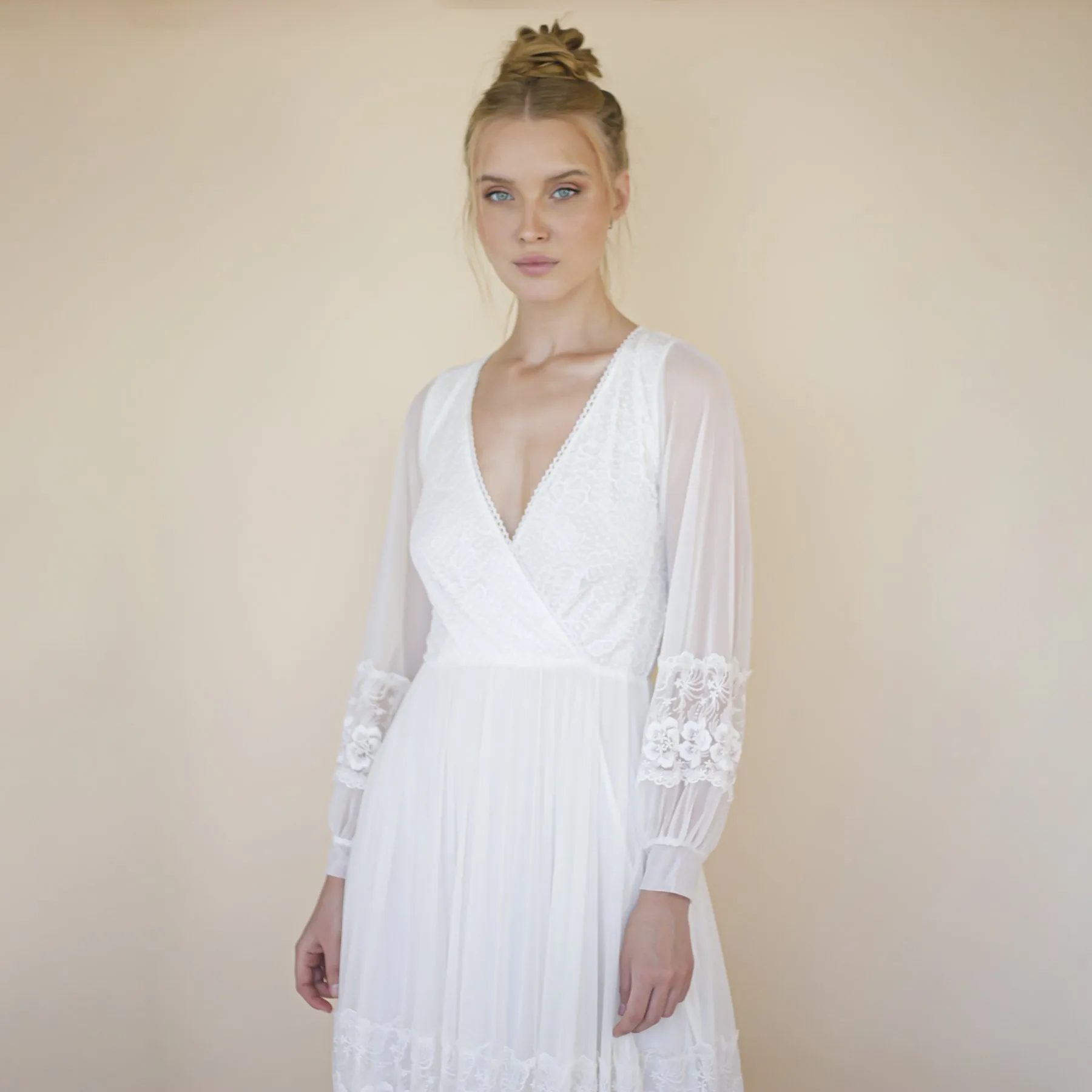 Bestseller Ivory Wrap Lace Wedding Dress With Chiffon Mesh Sleeves #1352