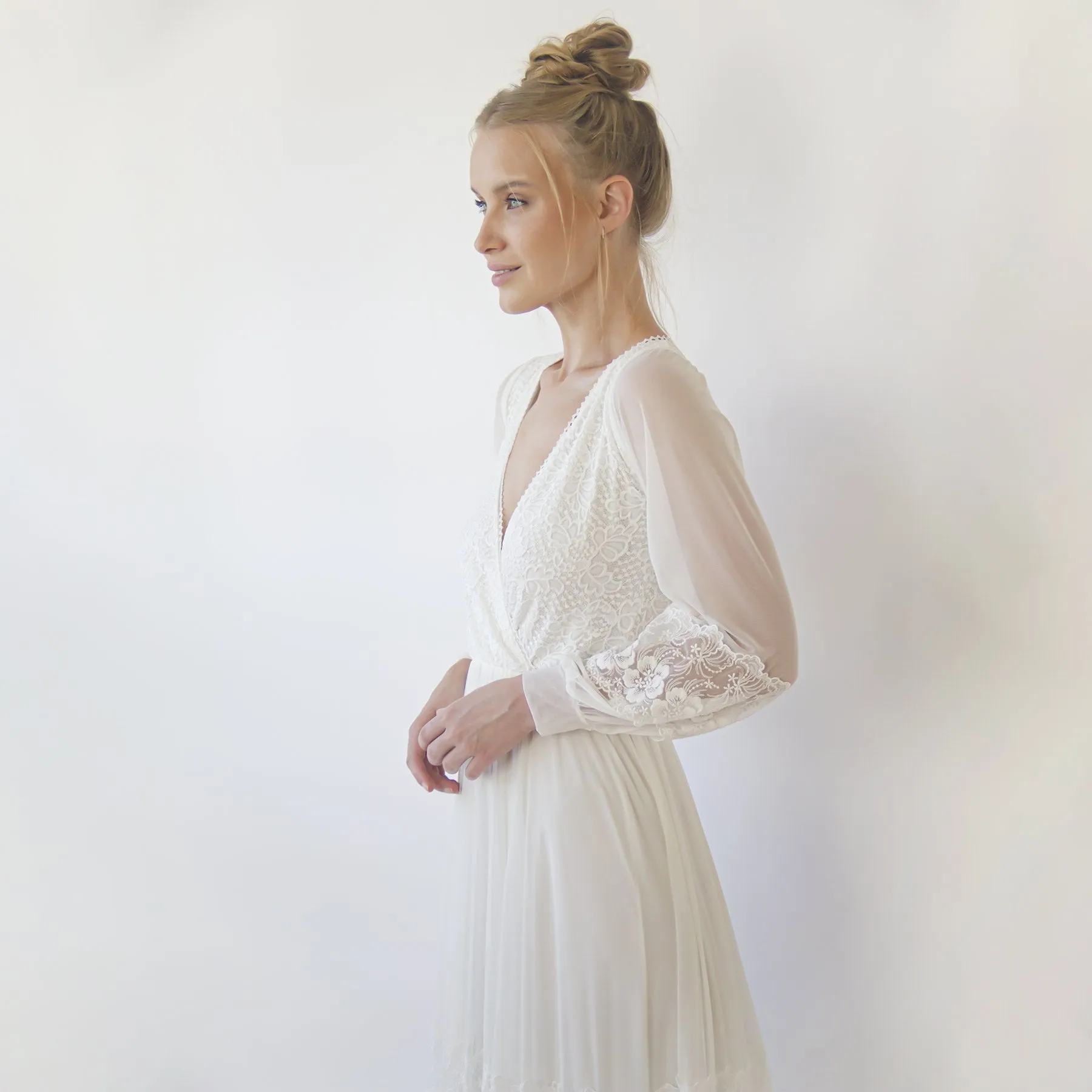 Bestseller Ivory Wrap Lace Wedding Dress With Chiffon Mesh Sleeves #1352