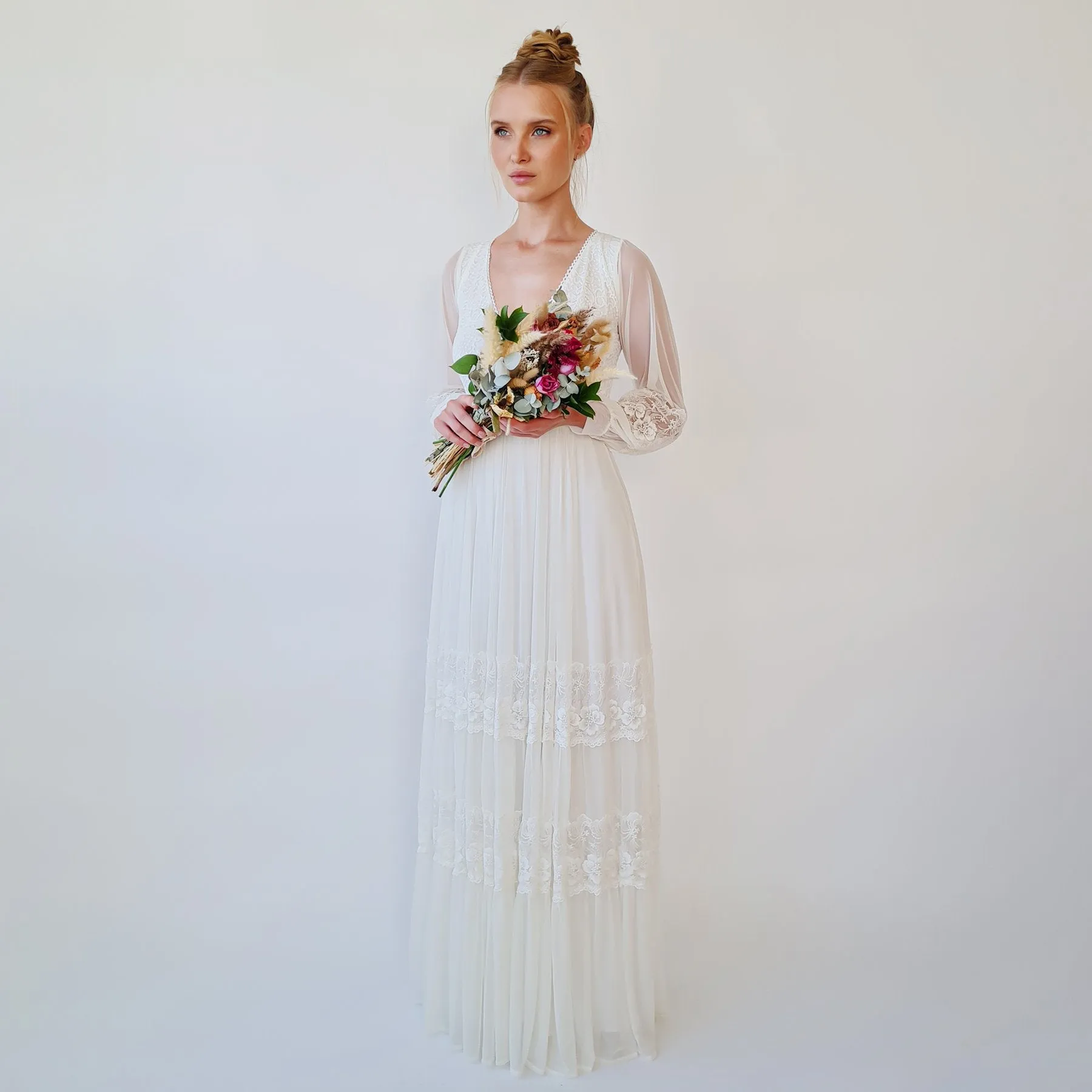 Bestseller Ivory Wrap Lace Wedding Dress With Chiffon Mesh Sleeves #1352