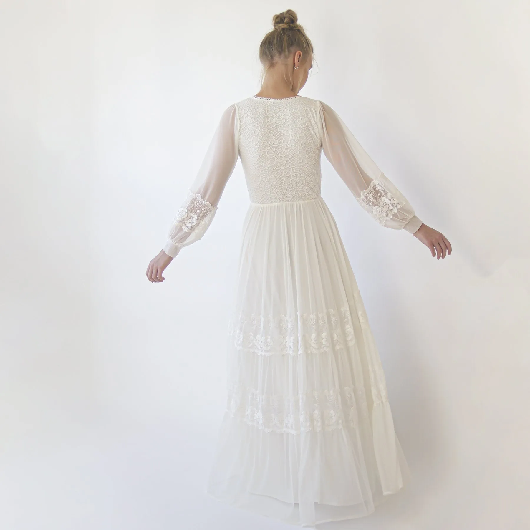 Bestseller Ivory Wrap Lace Wedding Dress With Chiffon Mesh Sleeves #1352