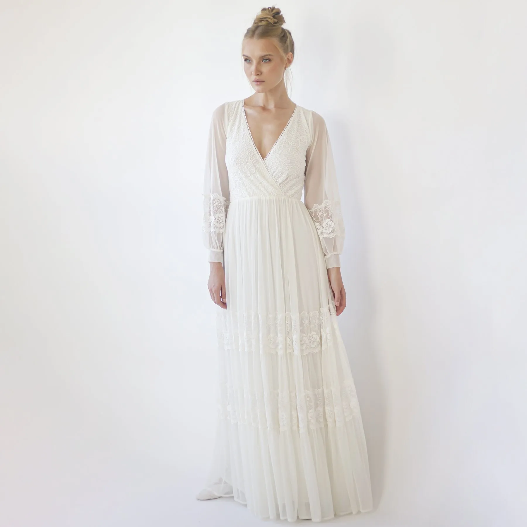 Bestseller Ivory Wrap Lace Wedding Dress With Chiffon Mesh Sleeves #1352