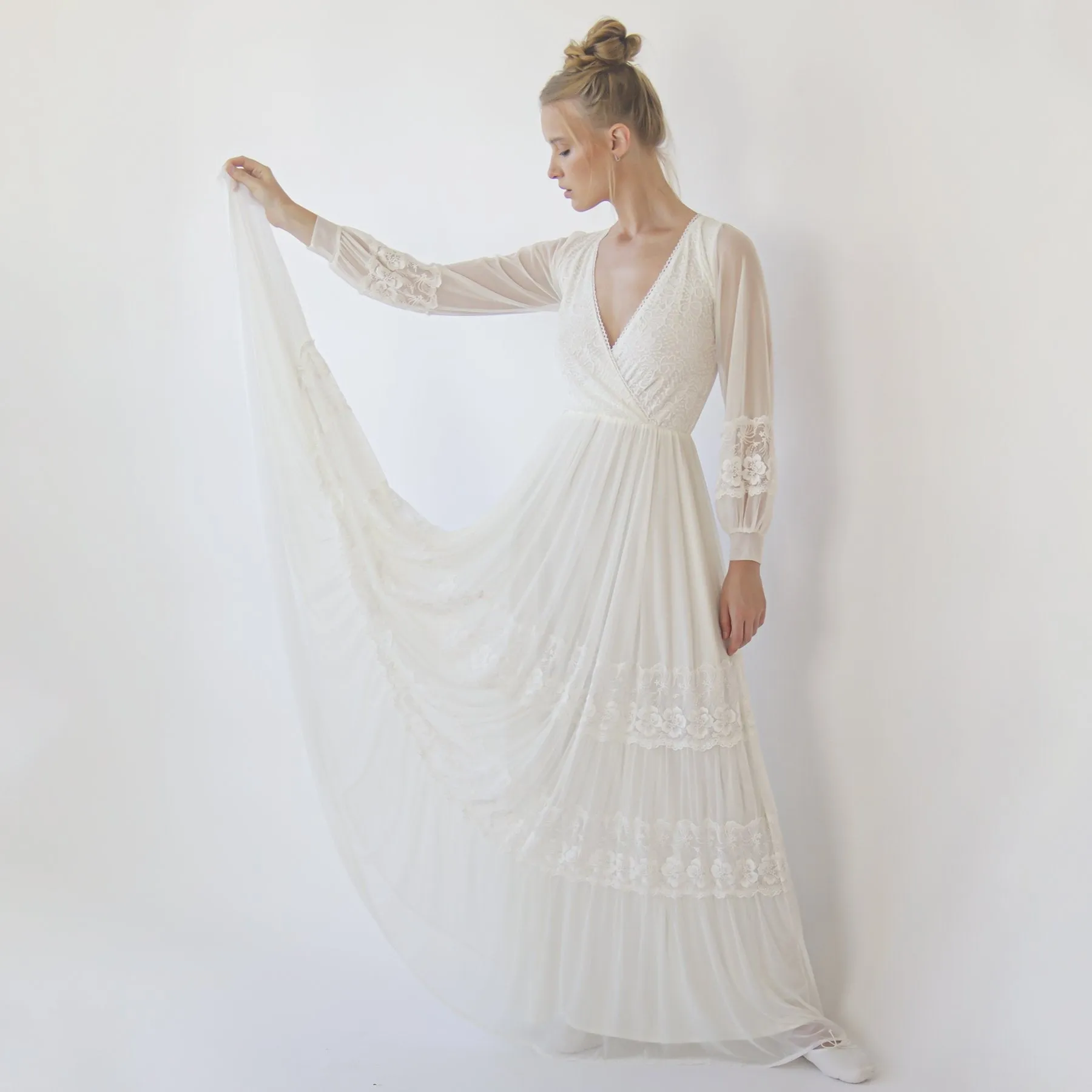 Bestseller Ivory Wrap Lace Wedding Dress With Chiffon Mesh Sleeves #1352