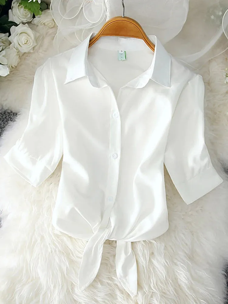 Bonnyshow New Womens Tops Fashion 2024 Women Summer Chiffon Blouse Short Sleeve Casual Shirt White Ropa Mujer Blusas Feminino