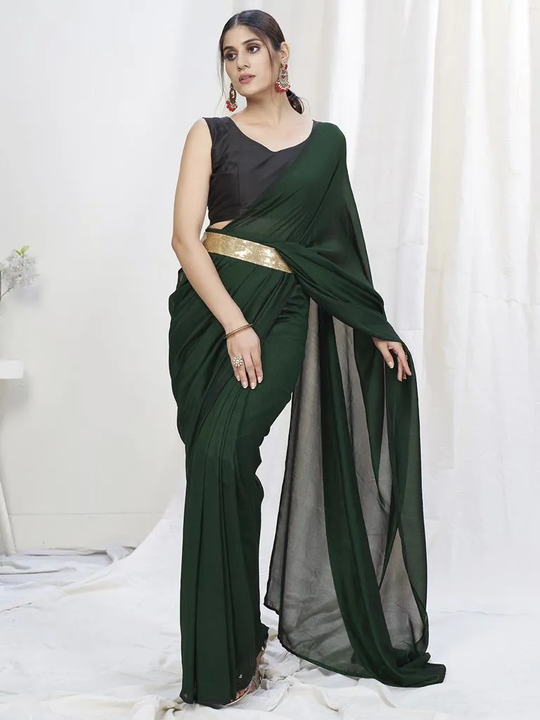 Bottle Green Ready to Wear One Minute Lycra Saree