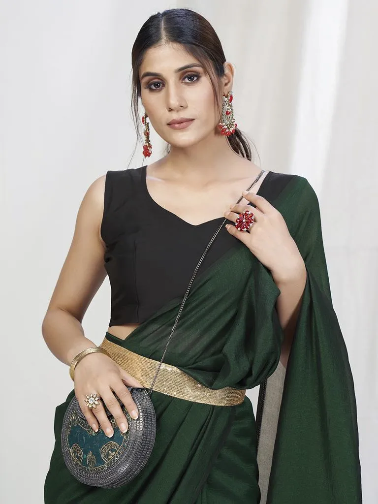 Bottle Green Ready to Wear One Minute Lycra Saree