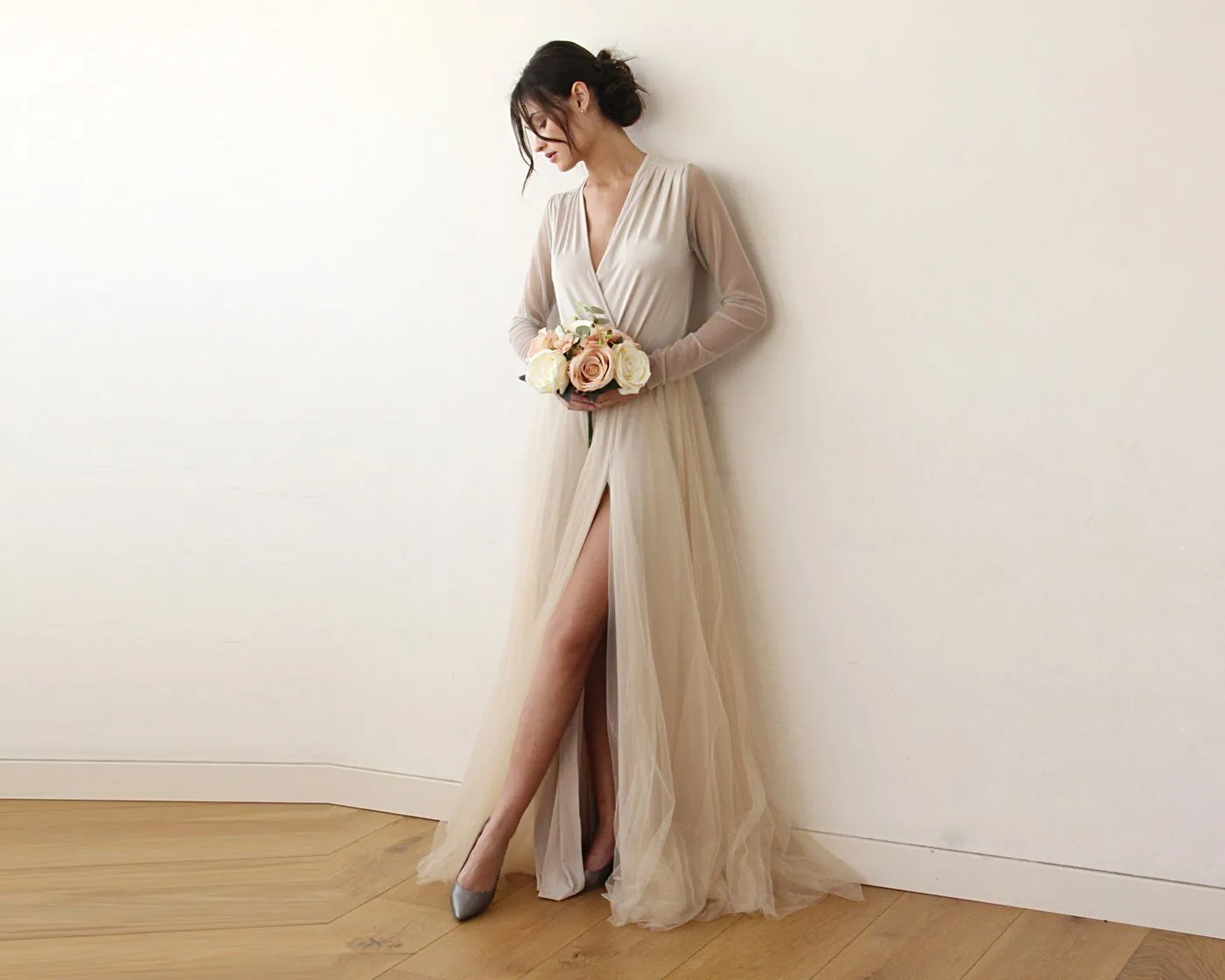Champagne Wrap Tulle Gown With Long Chiffon Sleeves and Slit 1174