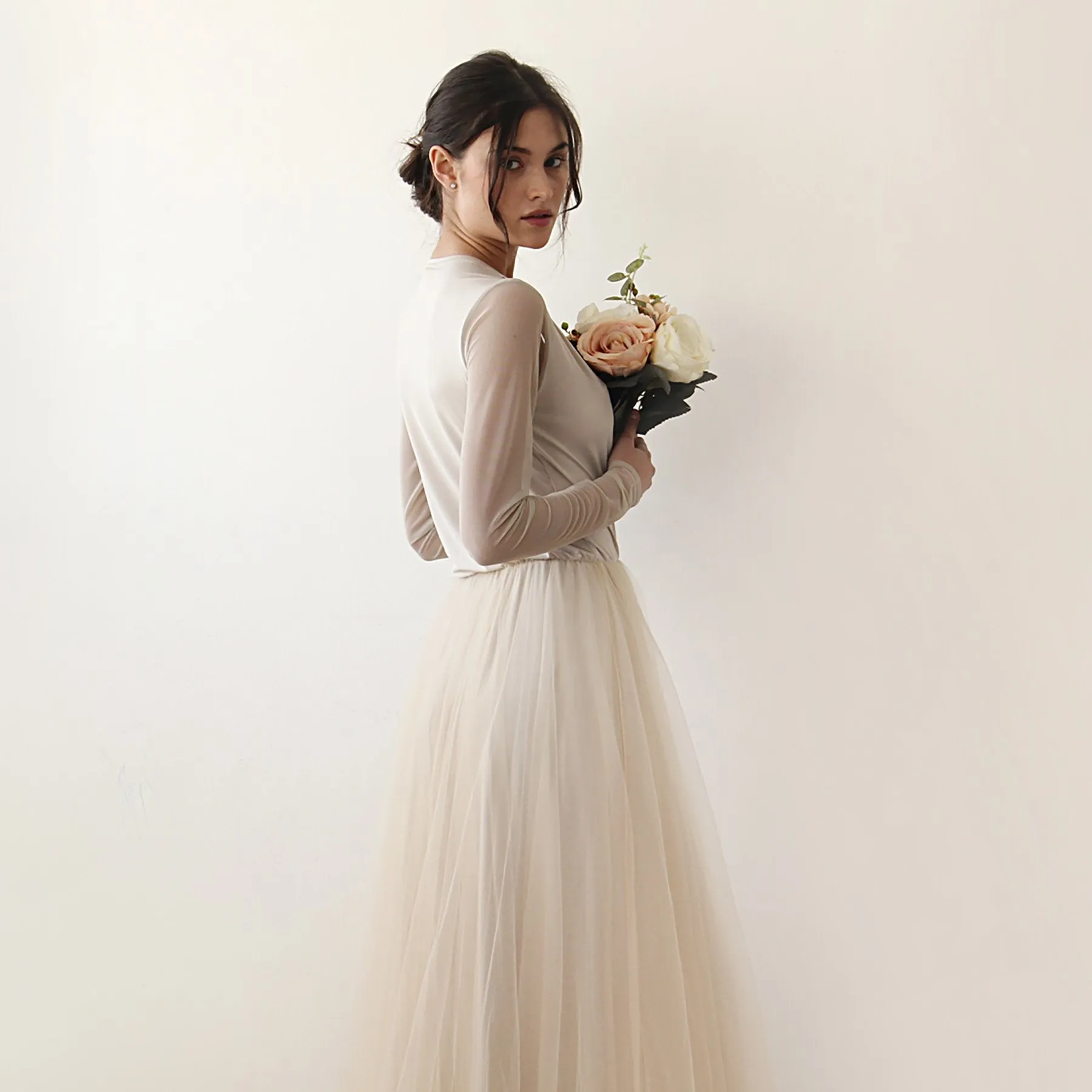 Champagne Wrap Tulle Gown With Long Chiffon Sleeves and Slit 1174