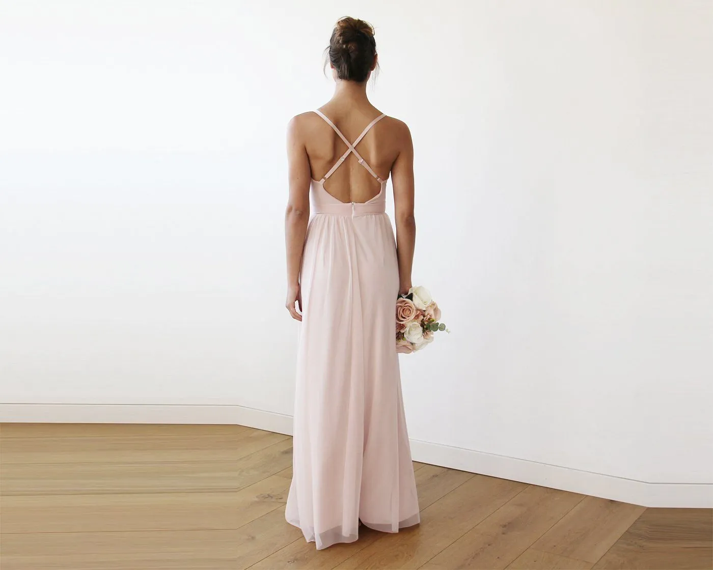 Chiffon Maxi Wrap With Thin Straps - Light Pink Maxi Dress With Adjustable Straps 1170