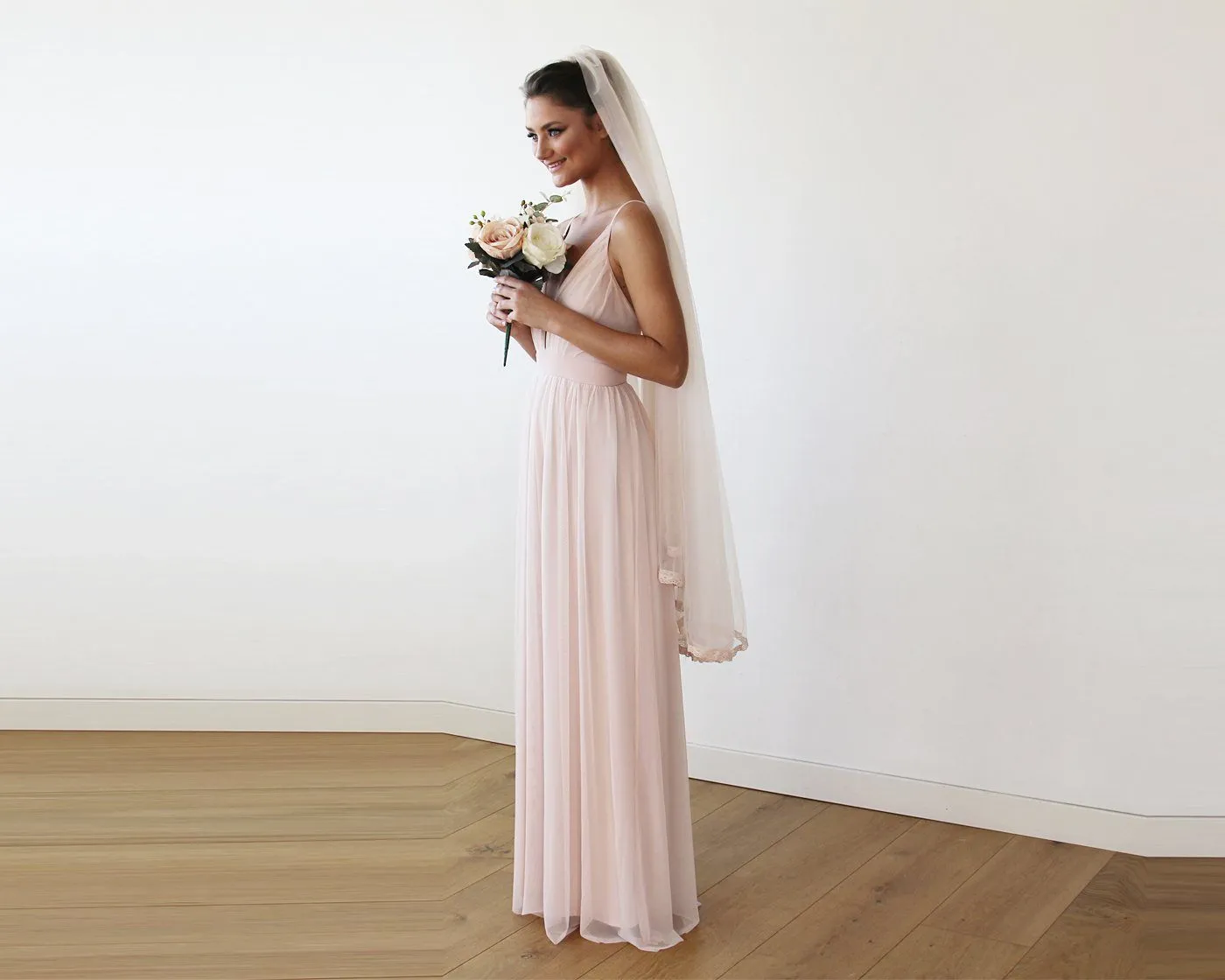 Chiffon Maxi Wrap With Thin Straps - Light Pink Maxi Dress With Adjustable Straps 1170
