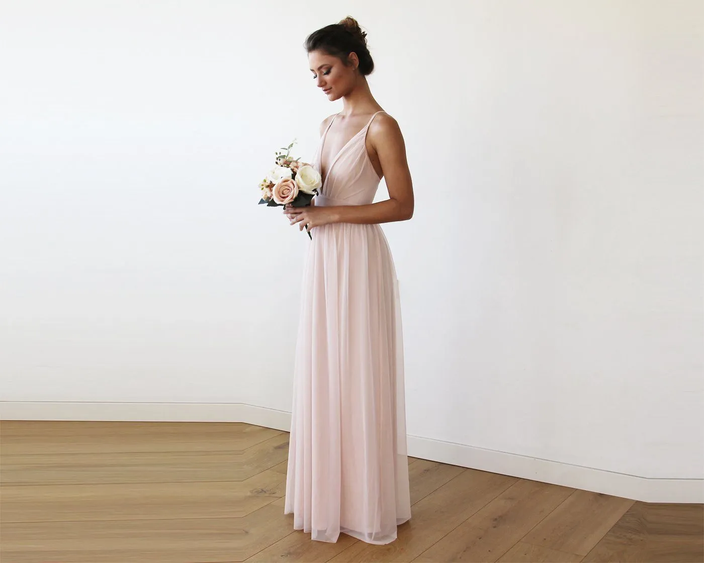 Chiffon Maxi Wrap With Thin Straps - Light Pink Maxi Dress With Adjustable Straps 1170