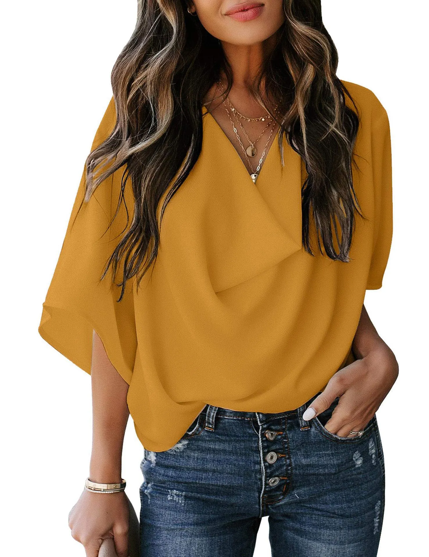Chiffon Shirt Loose V-Neck Solid Color Casual Tops Wholesale Womens Clothing N3824070900034