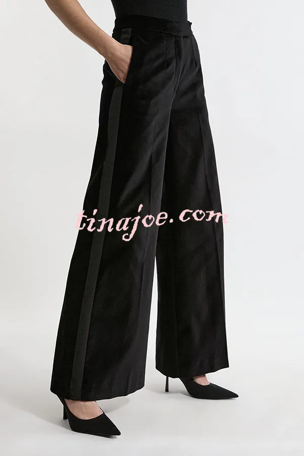 Cue The Cocktails Velvet Grosgrain Detail Pocketed Wide Leg Pants