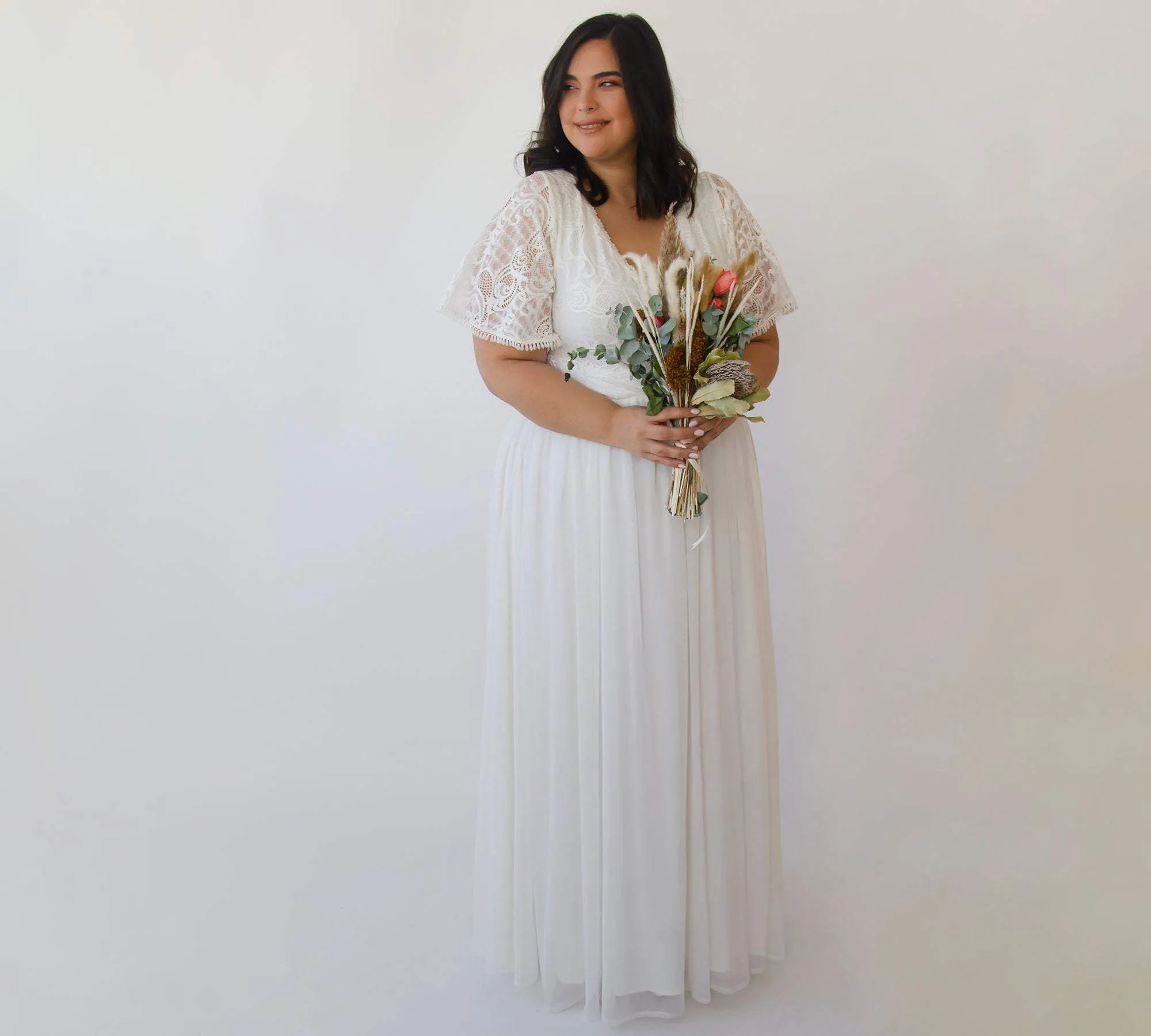 Curvy  Ivory Butterfly Sleeves, Lace Bohemian Wedding Dress With Mesh Chiffon #1321
