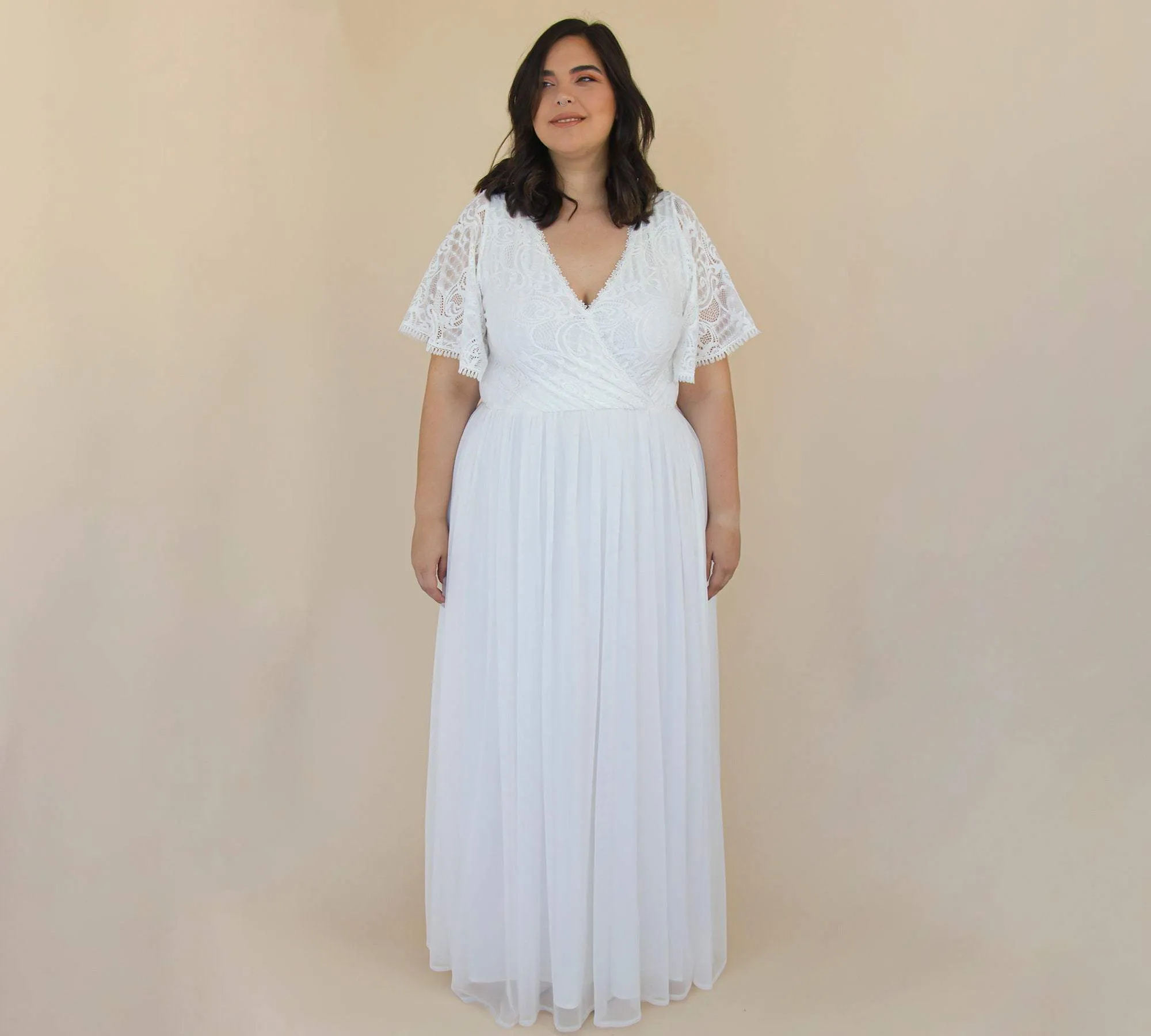 Curvy  Ivory Butterfly Sleeves, Lace Bohemian Wedding Dress With Mesh Chiffon #1321