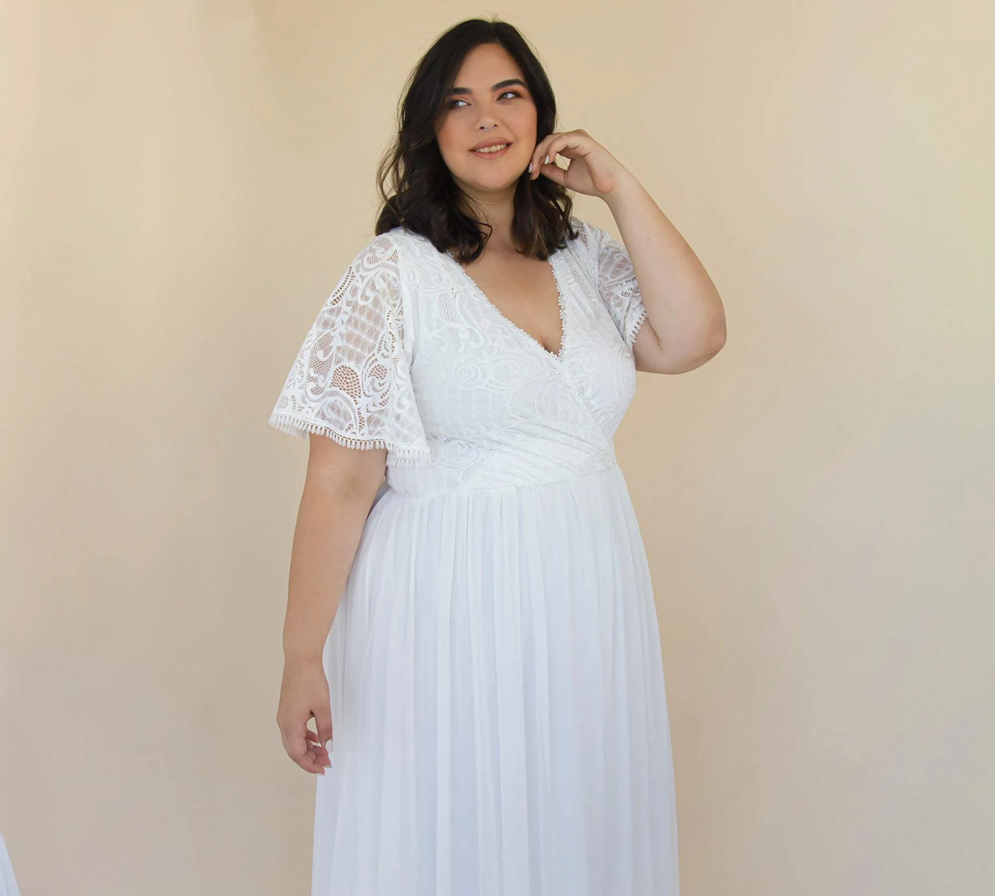 Curvy  Ivory Butterfly Sleeves, Lace Bohemian Wedding Dress With Mesh Chiffon #1321