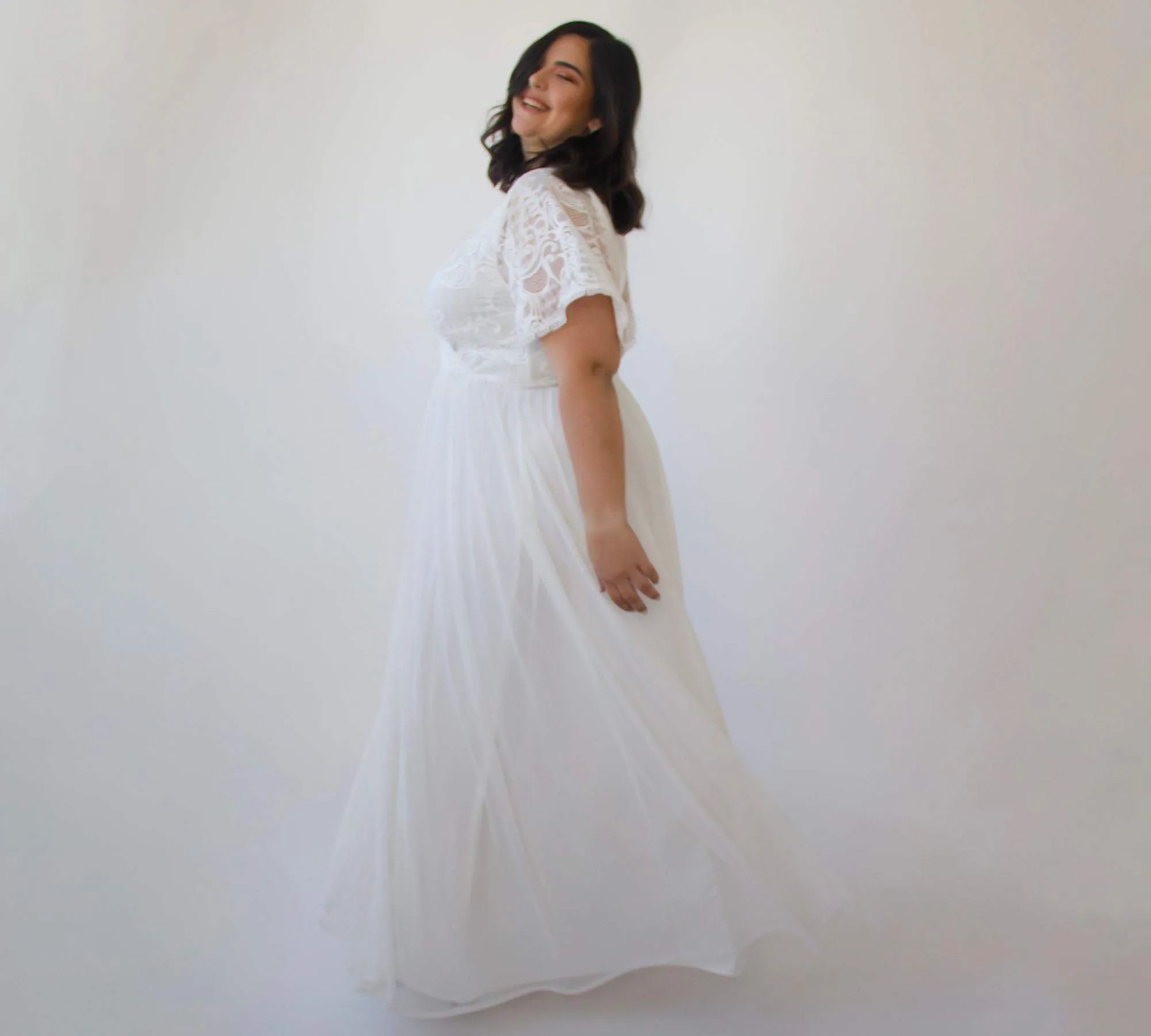 Curvy  Ivory Butterfly Sleeves, Lace Bohemian Wedding Dress With Mesh Chiffon #1321